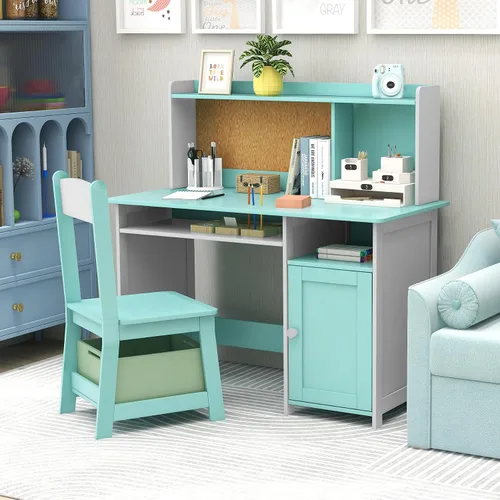 Vista 7 de TaoHFE Silla de Escritorio Azul para Niños, Escritorio para Niños con Almacenamiento y Estante, Conjunto de Escritorio y Silla de Madera para Niños
