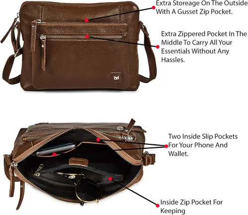 Vista 3 de Bolso cruzados pequeño y cartera de cuero auténtico granulado suave, bolso de hombro cruzado tipo bandolera de calidad prémium y triple cremallera