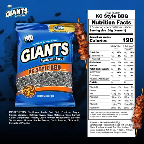 Vista 2 de GIANTS KC Style BBQ Semillas de Girasol - Semillas de girasol a granel, semillas de girasol tostadas para comer, sabor a barbacoa, aperitivo