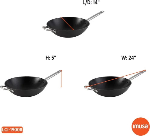 Vista 8 de Imusa LCI-19008 USA - Wok de hierro fundido ligero de 14 pulgadas, antiadherente, con asas de acero inoxidable, utensilios de cocina, color negro