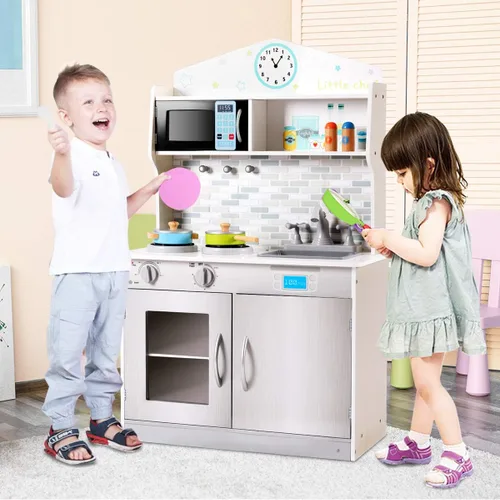 Vista 2 de HONEY JOY Juego de cocina para niños, cocina de simulación para niños pequeños, fregadero y grifo removibles, microondas, utensilios de cocina