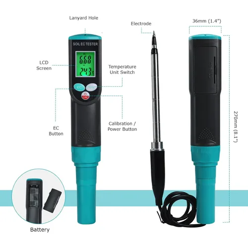 Vista 6 de Medidor digital EC de suelo 2 en 1 plantas porfesionales medidor de temperatura EC con sensor con cable, pantalla LCD retroiluminada, compensación