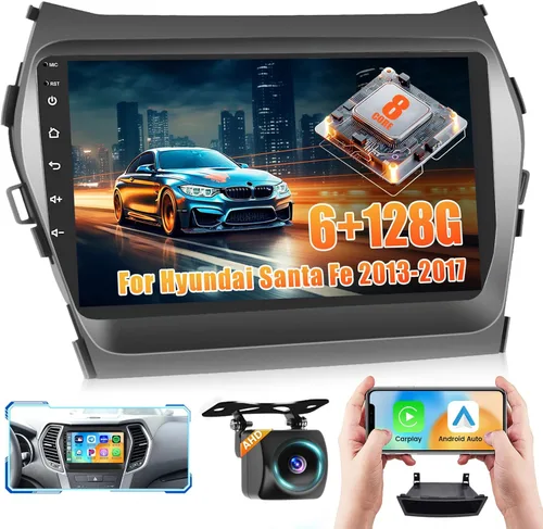 Vista 10 de [2G+64G] Android 15 Car Stereo para Hyundai Santa Fe 2013-2017 Carplay inalámbrico Android Auto, 9 pulgadas Pantalla táctil Radio Bluetooth
