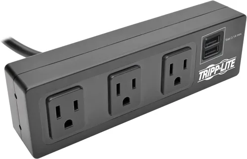 Vista 5 de Tripp Lite Regleta de protección contra sobretensiones de 3 salidas con abrazadera de escritorio, cable de 10 pies, 510 julios, 2 puertos de carga