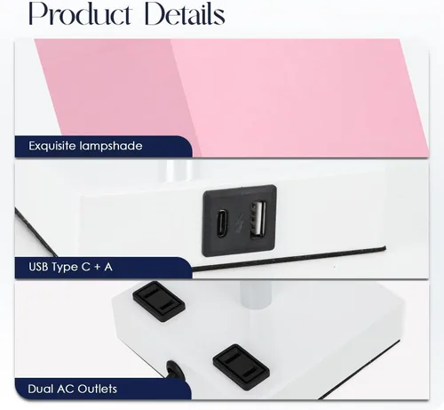 Vista 5 de Lámpara de mesita de noche con puertos USB - Lámpara de mesa con control táctil para dormitorio con puertos de carga USB C+A y tomas de corriente