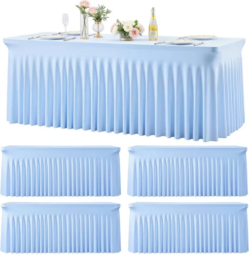 Vista 33 de Manteles de mesa de elastano azul bebé de 6 pies para mesas rectangulares, sin arrugas, rectangular, elástico, ajustable de 6 pies con falda