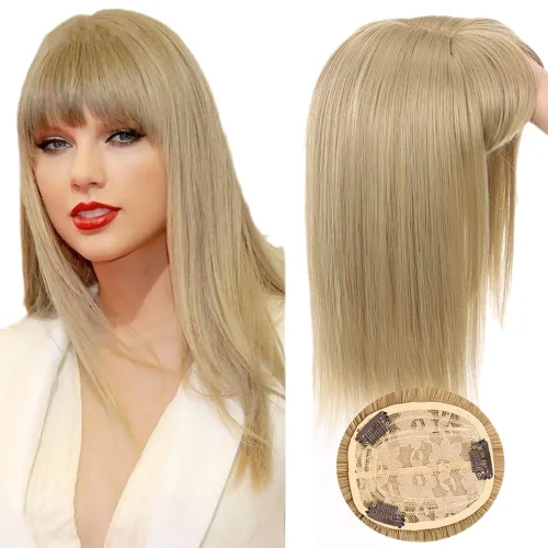 Vista 3 de Yudit Peluca de cabello humano sintético de 14 pulgadas con clip para mujer, rubio claro Dorado claro