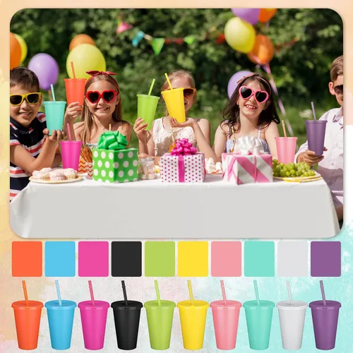 Vista 4 de Remerry 80 vasos de plástico a granel con tapas y pajillas, vasos reutilizables multicolor de 16 onzas con tapas y pajita, tazas de café
