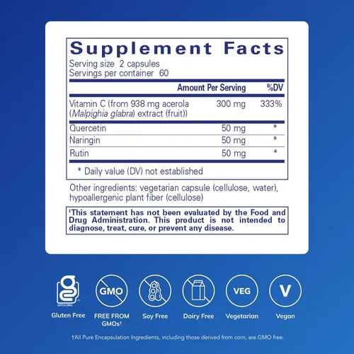 Vista 2 de Pure Encapsulations Acerola/Flavonoide Vitamina C y bioflavonoide a base de plantas sin maíz, 120 cápsulas*