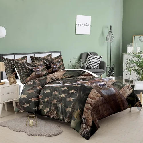 Vista 2 de NINENINE - Juego de edredón de ciervos camuflados - Tamaño individual, ropa de cama temática occidental de bosque con bandera americana para niños