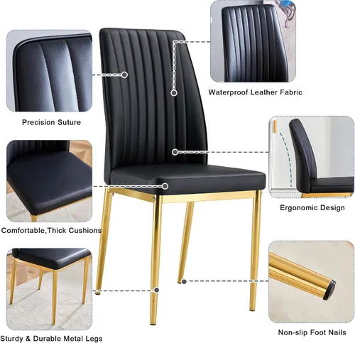 Vista 5 de Sillas de Metal Negro, Juego de 4 Sillas de Comedor Modernas con Cuero Sintético PU y Patas Cromadas de Alto Respaldo para Comedor, Cocina, Sala