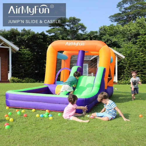 Vista 4 de AirMyFun Casa inflable para rebotar, gorila de obstáculos y tobogán con soplador de aire (estilo morado)
