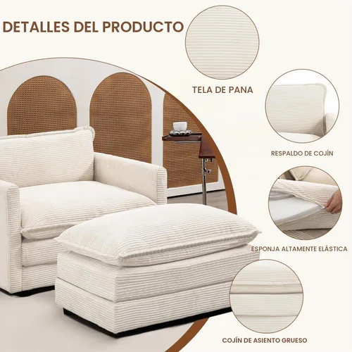 Vista 3 de ROWHY Sillón individual con otomano, sofá moderno de corduroy en forma de nube con chaise convertible, sofá tapizado para sala de estar, beige