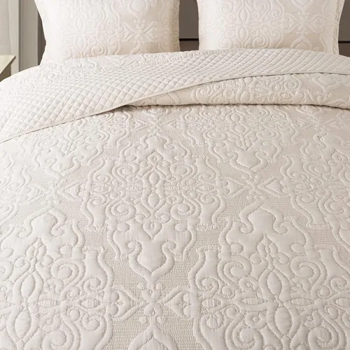 Vista 4 de NEWLAKE - Juego de cubrecama reversible de microfibra bordada con patrón floral en relieve en jacquard beige, tamaño queen
