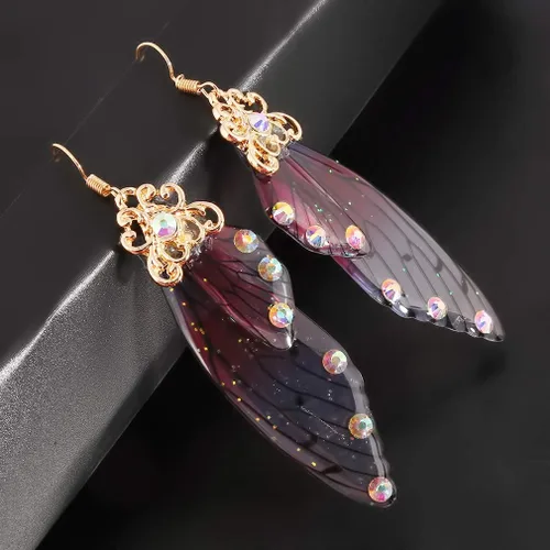 Vista 4 de CH - Pendientes de ala de mariposa hechos a mano con diamantes de imitación, joyería romántica