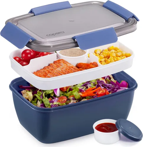 Vista 9 de Caperci Recipiente grande para ensalada para el almuerzo, lonchera Bento para adultos de 68 onzas, bandeja de 5 compartimentos, 2 tazas de salsa