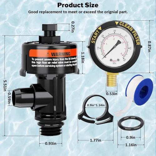 Vista 7 de Válvula de alivio de aire manual para filtros de piscina y spa, válvula de alivio de aire para filtro de piscina con manómetro de repuesto, válvula