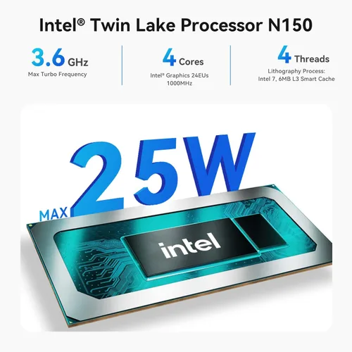 Vista 6 de Beelink EQ Mini PC, Intel N150 (hasta 3.6 GHz) 12 GB LPDDR5 RAM 500 GB SSD Salida HDMI 4K UHD dual/BT5.2/WiFi6/Gigabit Ethernet Family-NAS/HTPC