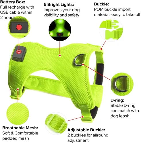 Vista 2 de Flashseen Arnés LED para perro, arnés para mascotas recargable por USB, chaleco reflectante iluminado, ajustable, suave, acolchado, sin tirones