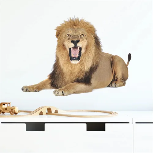 Vista 4 de Calcomanías de pared con texto en inglés "The Fierce Leon", calcomanías de pared de animales salvajes extraíbles para sala de estar, dormitorio