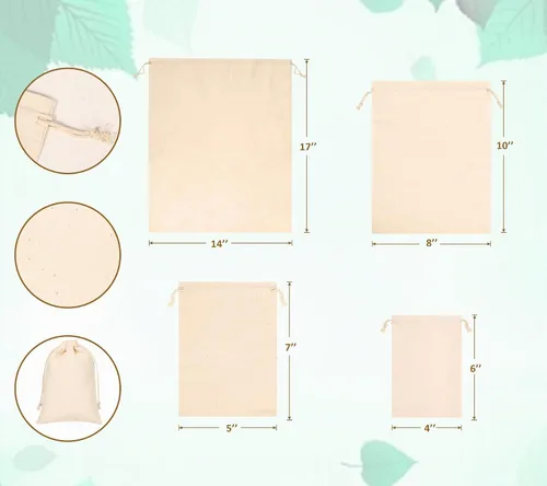 Vista 2 de 20 bolsas de algodón para productos, bolsas de almacenamiento de muselina reutilizables de 8 x 10 pulgadas con cordones, bolsas de algodón natural