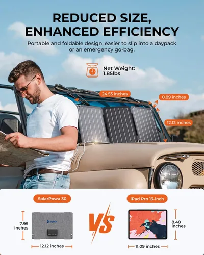 Vista 3 de Cargador de panel solar BigBlue de 30 W [Actualizado] con carga rápida USB-A y USB-C, puertos DC, SolarPowa 30 panel solar portátil, resistente al