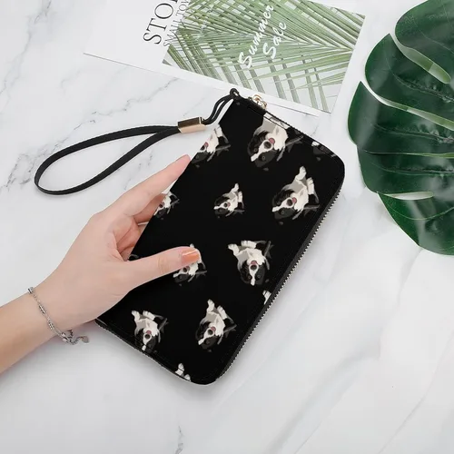 Vista 5 de Border Collie - Cartera de piel sintética con cremallera larga y correa de mano
