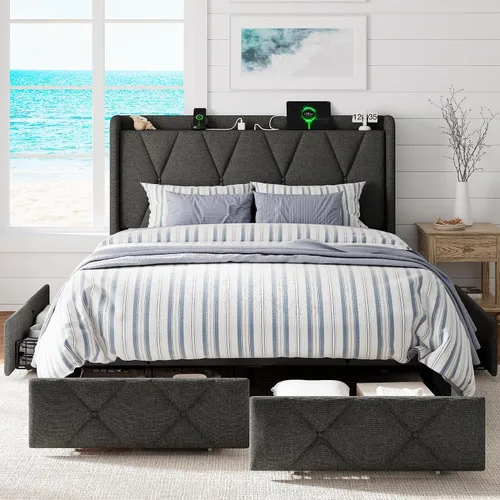 Vista 17 de GalnFu Base de cama de tamaño matrimonial con 4 cajones de almacenamiento, plataforma tapizada con estación de carga, moderna cabecera de Beige