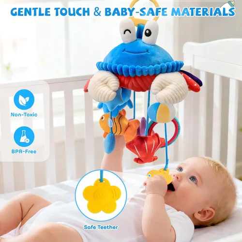 Vista 7 de Juguetes de Asiento de Carro para Bebés de 0-6 Meses, Juguete Colgante Sensorial de Cangrejo de Peluche para Cochecito, Cuna y Gimnasio de Juego