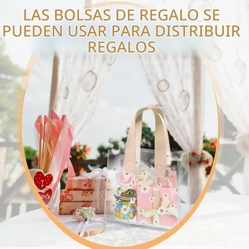 Vista 5 de Clysee - 24 bolsas de regalo transparentes con patrón de margaritas, bolsa de PVC transparente, color beige Reutilizable con asas para recuerdos