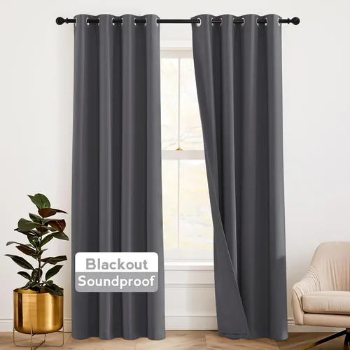 Vista 55 de RYB HOME - Cortinas con cancelación de ruido de 63 pulgadas de largo, juego de 2 paneles, 3 capas totales, cortinas opacas, insonorizadas