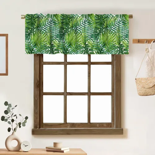 Vista 7 de Cortina de cenefa de hojas verdes tropicales, diseño de hojas de palmera, cenefa con bolsillo para barra, 1 panel, cortinas cortas para cocina