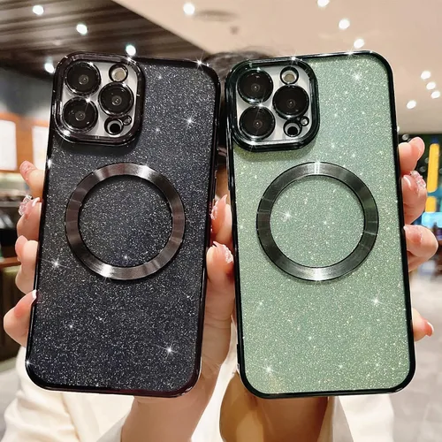Vista 6 de Compatible con iPhone 13 Pro Max Funda magnética con purpurina, bonita funda transparente chapada de lujo, compatible con MagSafe para mujeres