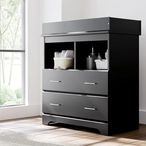 Vista 4 de Storkcraft Brookside Cómoda de 2 cajones con cambiador encima (negro) – Certificado Gold GREENGUARD, cómoda de cajones y cubos fácil de combinar