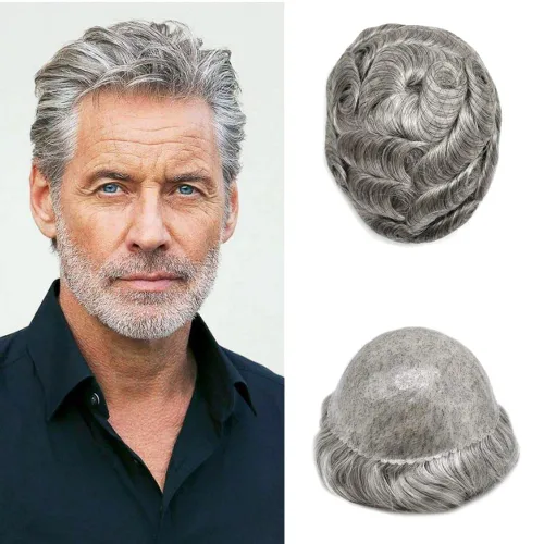Vista 9 de Toupee - Sistema de reemplazo de cabello humano europeo completo para hombre, 0.004 in, inyección de poliuretano natural para hombres, sistema