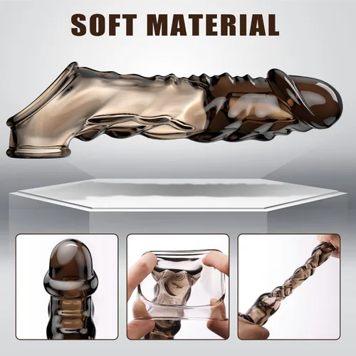 Vista 6 de Funda vibradora para el pene con anillo para el pene – Extensor de pene negro transparente reutilizable de 3.6 pulgadas, juguete sexual masculino