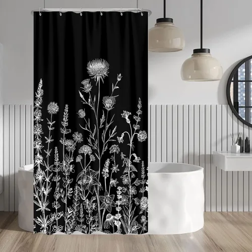 Vista 34 de Cortina de ducha de mariposa floral negra y dorada, cortina de ducha bohemia con diseño botánico de flores oscuras para baño con gancho, juego