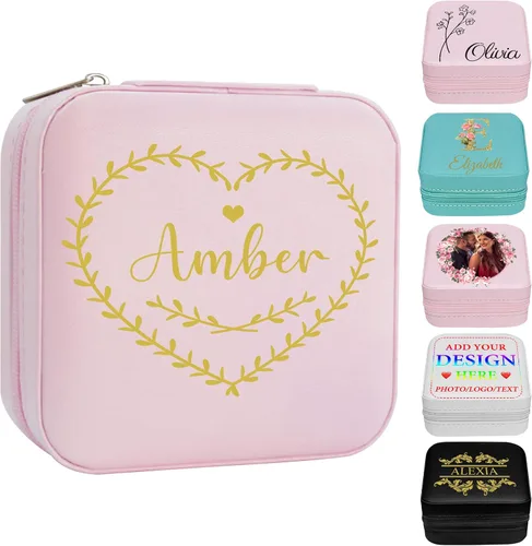 Vista 18 de Joyero personalizado con nombre, joyero de viaje portátil personalizado, organizador de joyas de cuero, cajas de dama de honor, boda, regalo