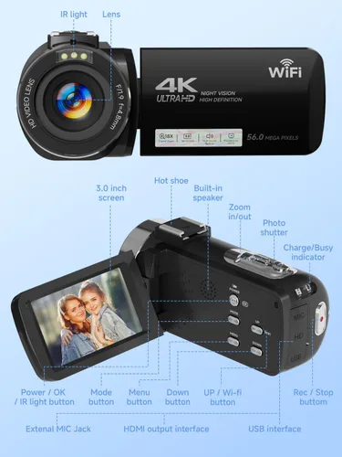 Vista 7 de Videocámara de video 4K con tarjeta SD de 64 GB, cámara WiFi de 56 MP para YouTube, visión nocturna IR, pantalla táctil de 3.0 pulgadas, zoom