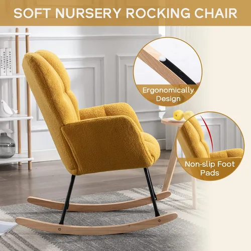 Vista 4 de Silla mecedora moderna para cuarto de bebé, silla deslizadora tapizada con respaldo alto, sillón de acento mecedor con patas de madera maciza