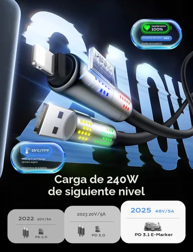 Vista 4 de MAGIC JOHN Cable de carga 240W 4 en 1, 4 pies USB C a Lightning [Certificado MFi], cargadores múltiples para todos los dispositivos, USB A/C grueso