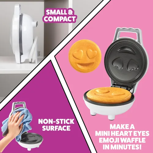 Vista 3 de Mini waflera de ojos de corazón Emoji, panqueques de cara sonriente de tamaño personal de 4 pulgadas Electric Non-Stick Baker Iron with Recipe