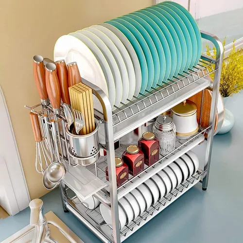 Vista 3 de YUEGOO Escurridor de platos de acero 304 con soporte y organizador de utensilios, 3 capas, estante para secadora de platos, gran capacidad, ahorro