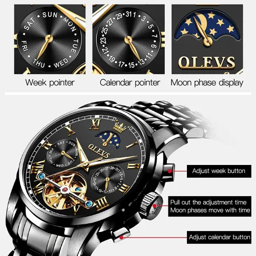 Vista 7 de OLEVS - Reloj mecánico automático Tourbillon Slef-Wind lujoso de acero inoxidable resistente al agua luminoso y con fecha