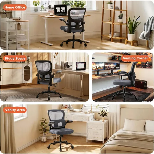 Vista 11 de Silla de oficina ergonómica, cómoda silla de escritorio con soporte lumbar ajustable, silla de computadora de malla con ruedas, reposabrazos