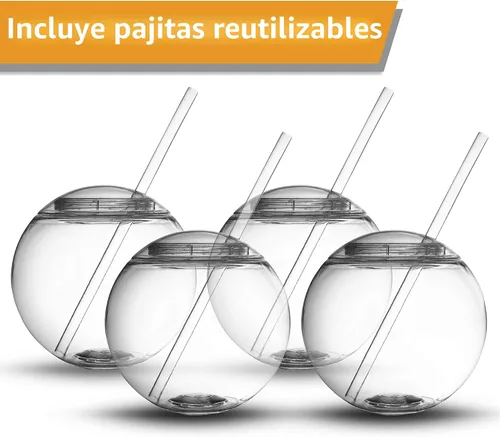 Vista 8 de Copas reutilizables con forma de pecera/esfera, 4 unidades (22 onzas), diseño único y divertido, base plana, con 4 popotes incluidos, ideales