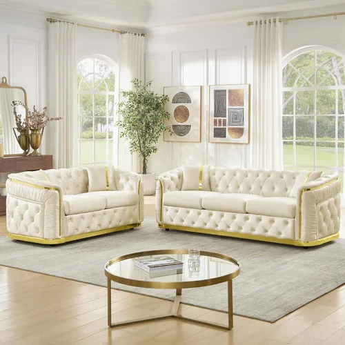 Vista 8 de Sofá Chesterfield de 62.6 pulgadas, moderno de mediados de siglo, sofá de terciopelo blanco beige y dorado, sofás de lujo para sala de estar