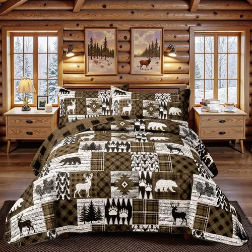 Vista 11 de Juego de 3 piezas de colcha tamaño King para cabaña, reversible, navideño, rústico, de microfibra, suave, ligera, de granja, con 2 fundas de 2-Oso