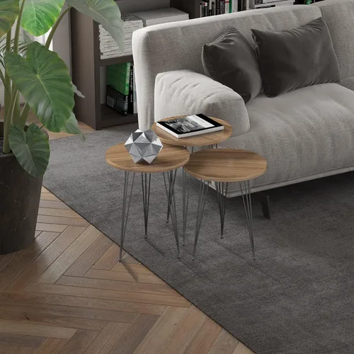 Vista 10 de Juego de 3 anidadores rectangulares, mesa anidable, base moderna de aspecto de grano de madera para mesas de centro o mesitas de noche, mesa