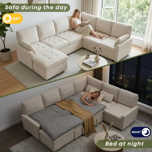 Vista 6 de Huatean Home Sofá extraíble de 105 pulgadas con almacenamiento, sofá cama, sofás modulares en forma de U de 7 asientos para sala de estar, sofá Beige